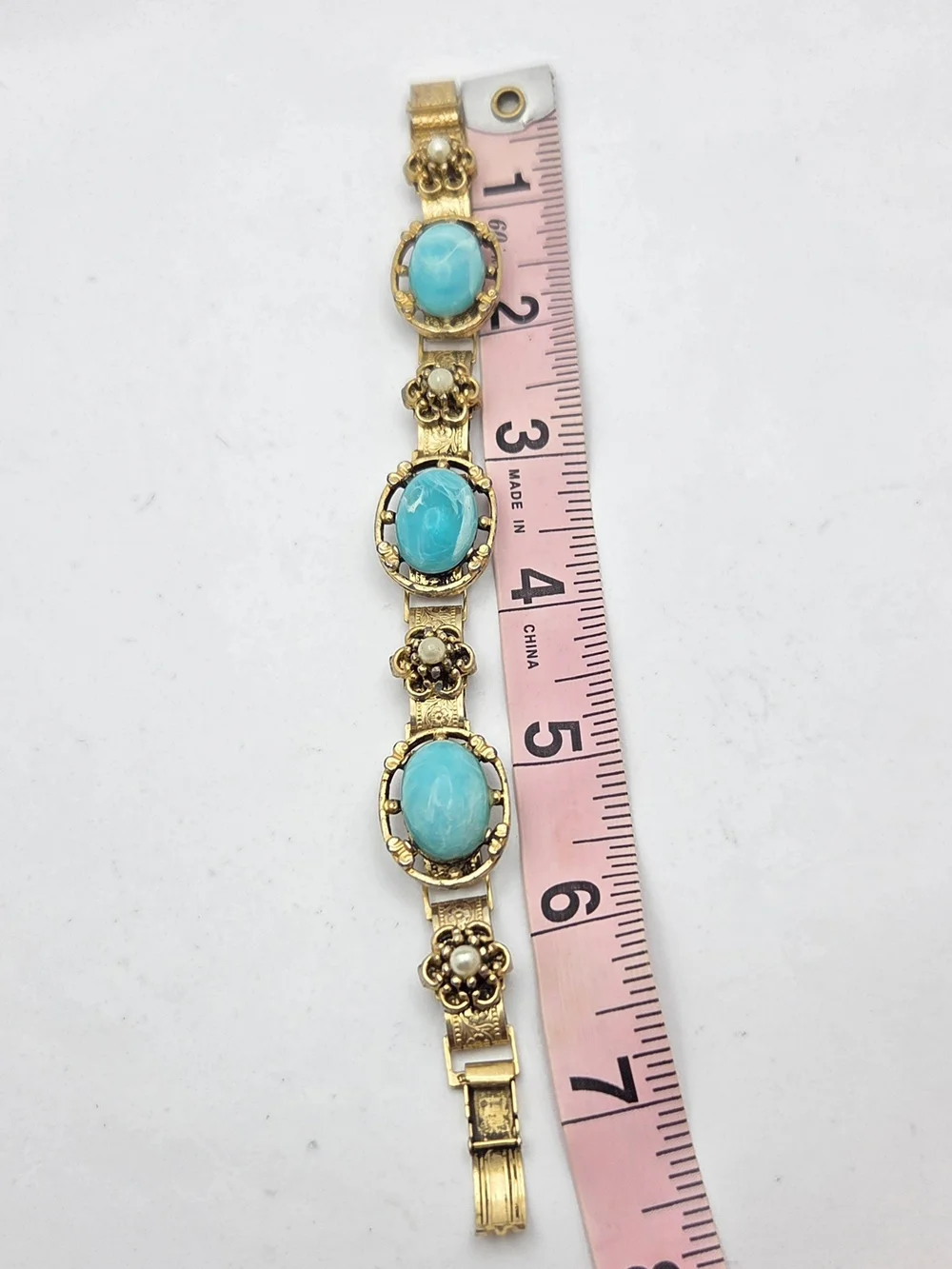 Vintage Gold Tone Faux Turquoise Pearl Panel Bracelet Filigree Etched 7 Inches